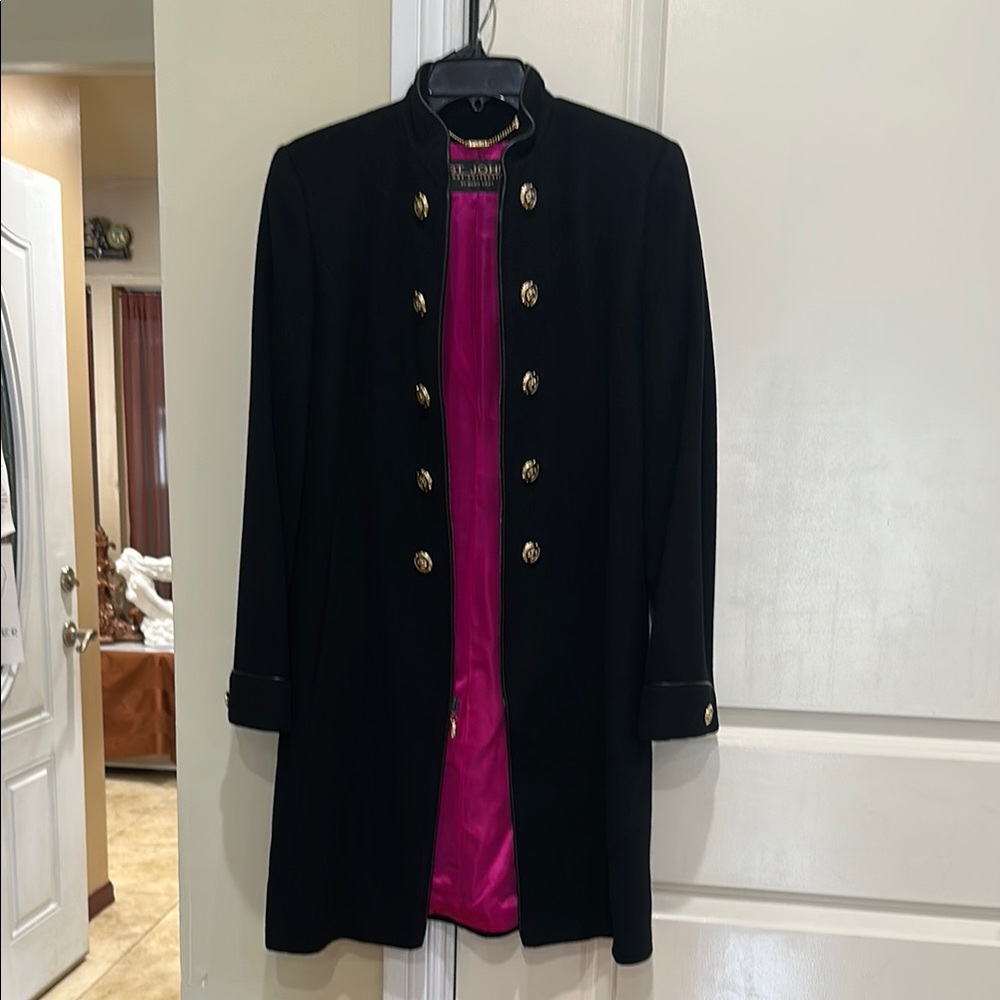 St. John Black Trench Coat with Pink Lining gorgeous and super classy.